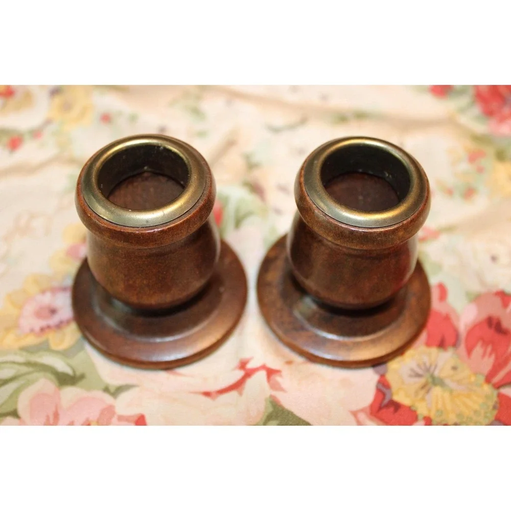 Mid Century Modern Pair of Wood and Brass Candleholders MCM